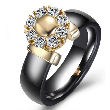 Bague anneau noir nacré support gros diamant or VQ