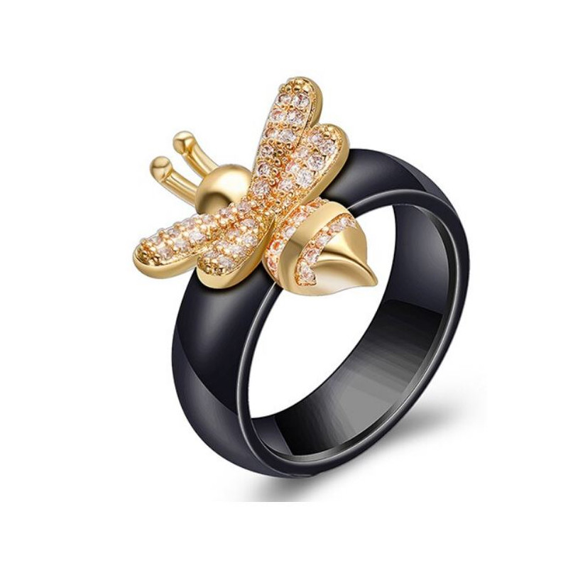 Bague anneau noir nacré abeille or diamant VQ