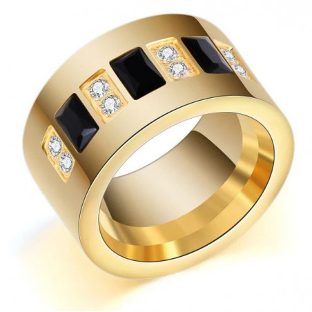 Bague anneau couronne diamant rectangulaire noir or VQ