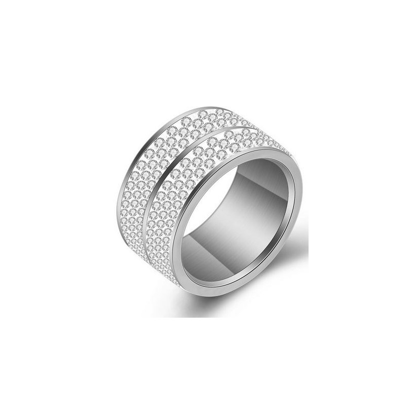 Bague large design double anneau argent strass diamant VQ