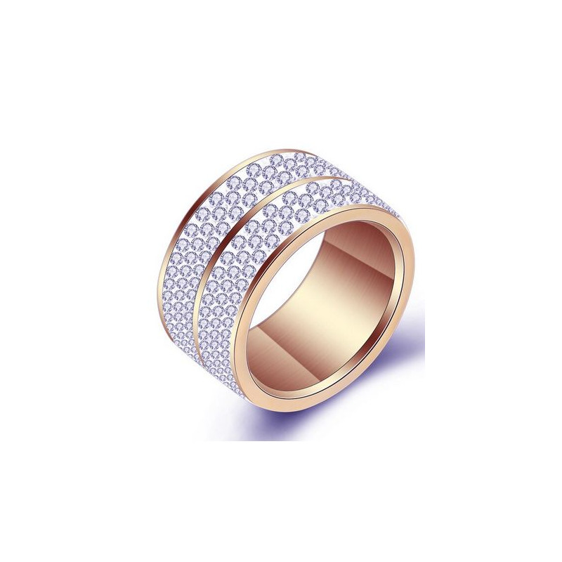 Bague large design double anneau or rose strass diamant VQ