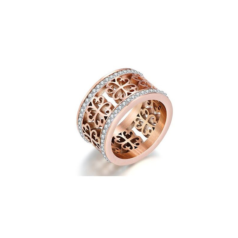 Bague anneau argent arabesque fleur or rose strass diamant VQ