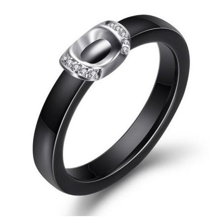 Bague fine anneau noir nacré boucle argent strass diamant VQ