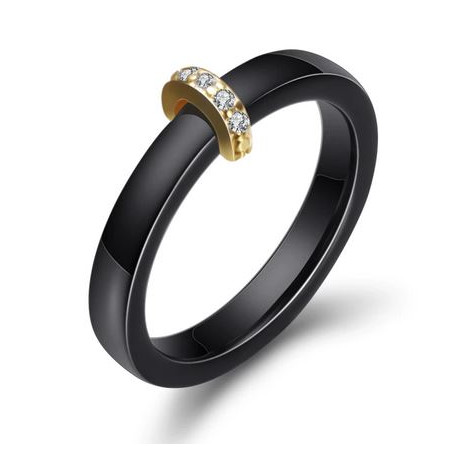 Bague fine anneau noir nacré demi cercle or strass diamant VQ