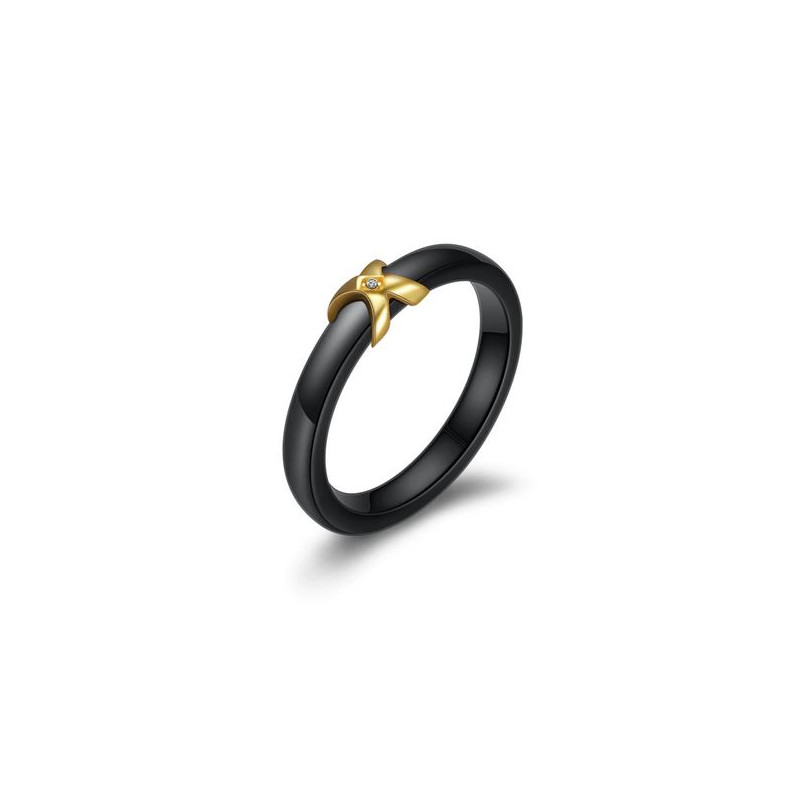 Bague fine anneau noir nacré X or strass diamant VQ
