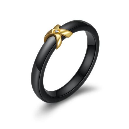 Bague fine anneau noir nacré X or strass diamant VQ