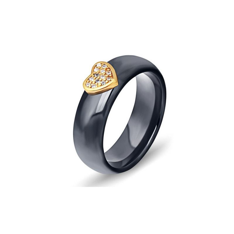 Bague anneau noir nacré coeur or strass diamant VQ