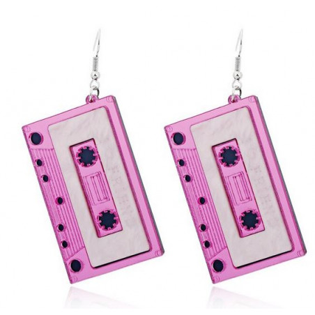 Boucles d'oreilles fantaisie rétro cassette rose WR
