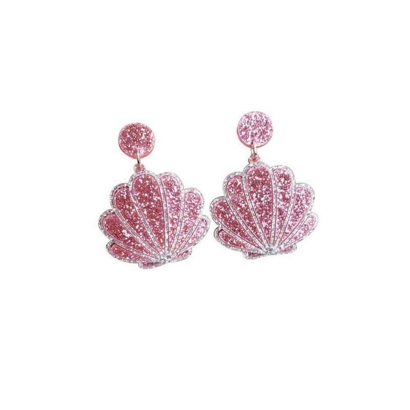 Boucles d'oreilles fantaisie retro coquillage rose strass paillette WR