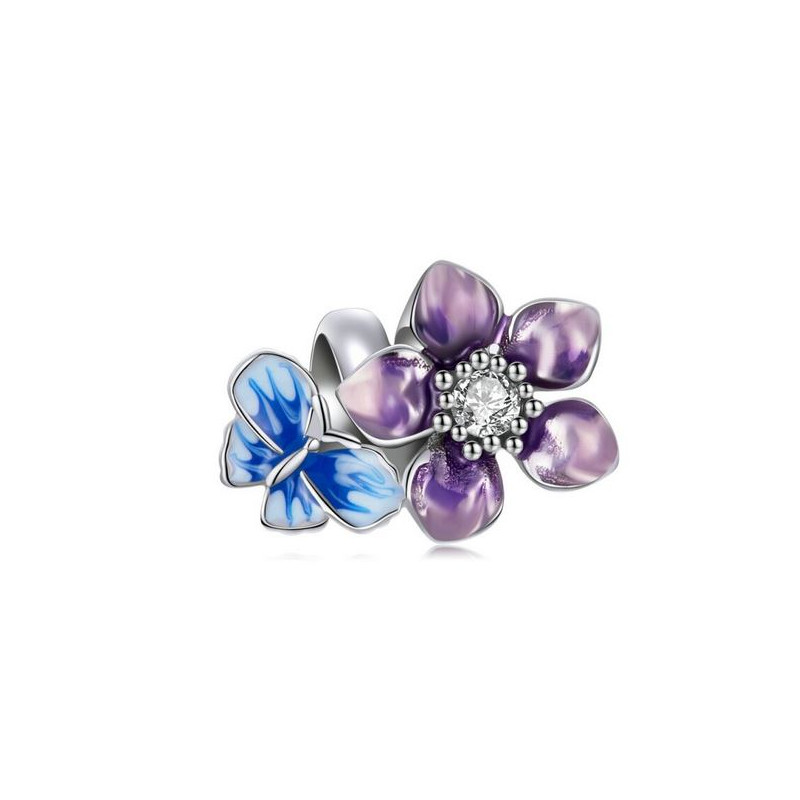 Charm pour bracelet papillon bleu fleur violette