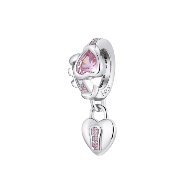 Charm pour bracelet clef cadena coeur pierre rose argent