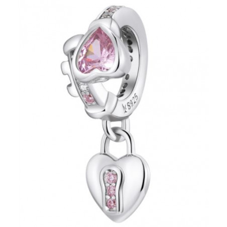 Charm pour bracelet clef cadena coeur pierre rose argent