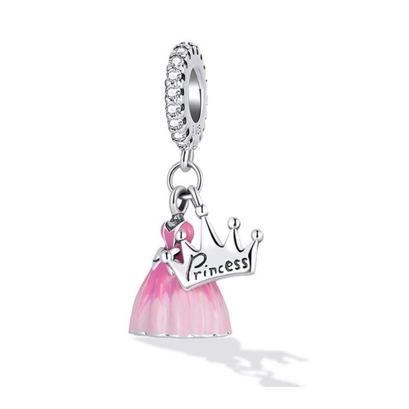 Charm pour bracelet Princesse robe rose couronne