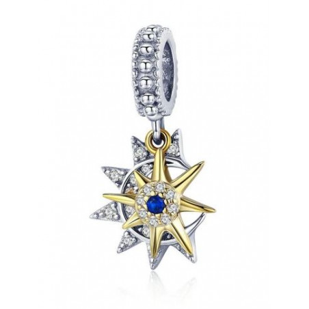 Charm pour bracelet soleil or argent diamant bleu