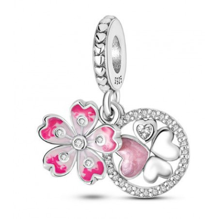 Charm pour bracelet argent fleur trèfle coeur rose strass