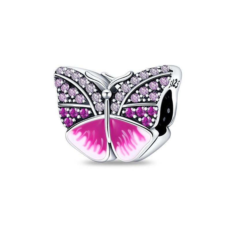 Charm pour bracelet argent papillon strass rose