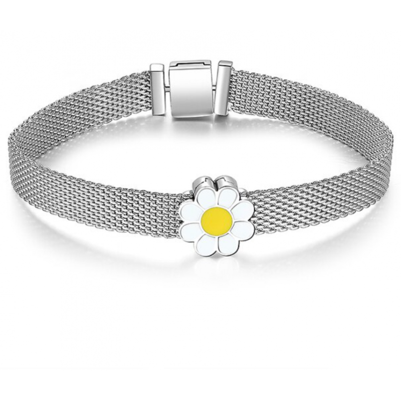 bracelet plat argent fleur pétale blanche pour charm plat