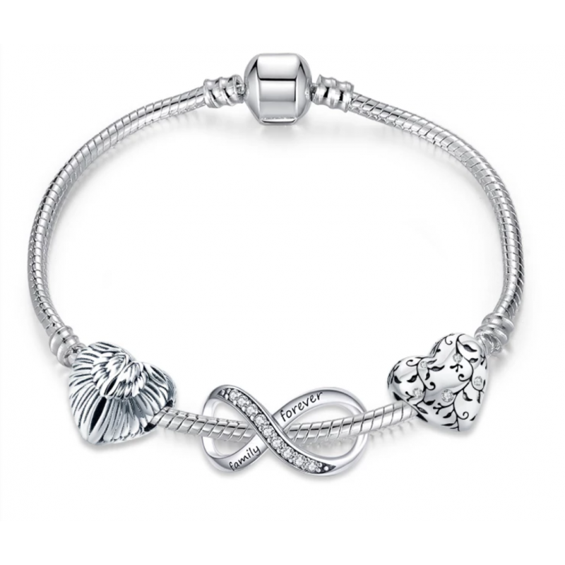 bracelet avec 3 charm argent aile ange infini coeur fleur bam