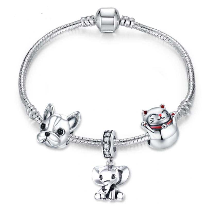 bracelet avec 3 charm argent éléphant chat chien bam