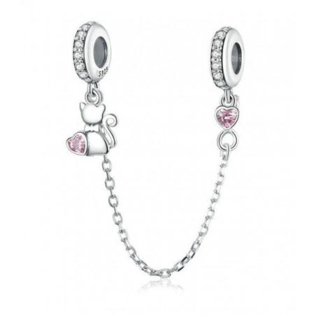 Charm double chaine pour bracelet chat coeur rose