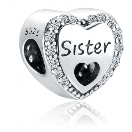 Charm pour bracelet argent coeur sister soeur strass diamant