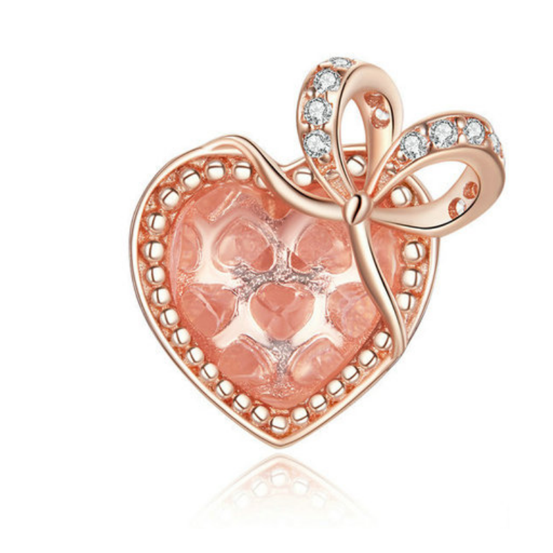Charm pour bracelet coeur avec noeud strass diamant pierre rose