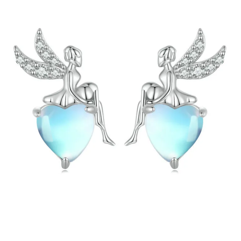 boucles d'oreilles bijoux argent fée ange assise sur coeur bleu