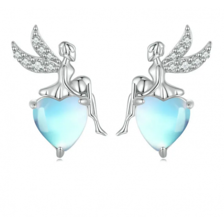 boucles d'oreilles bijoux argent fée ange assise sur coeur bleu