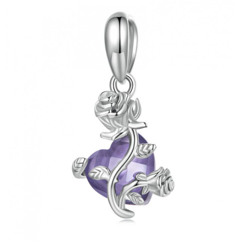 Charm pour bracelet coeur violet fleur rose