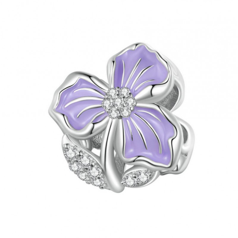 Charm pour bracelet grande fleur violette feuille diamant