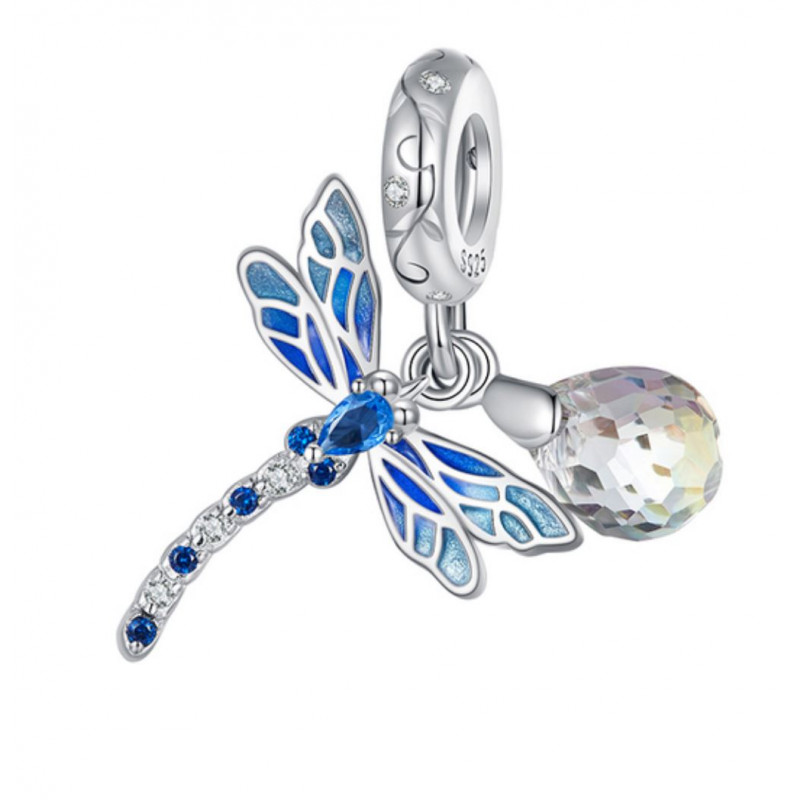 Charm pour bracelet libellule pierre bleu diamant