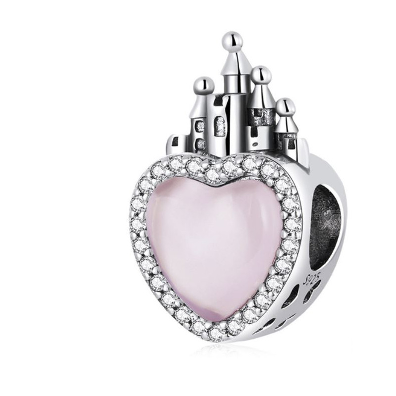Charm pour bracelet coeur rose chateau de princesse