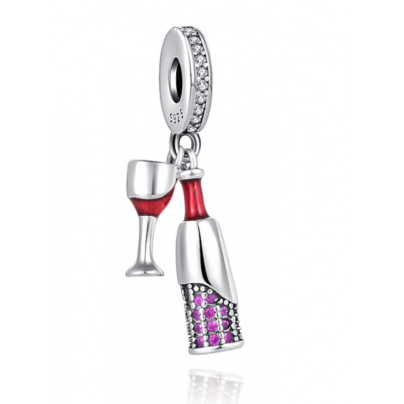 Charm pour bracelet argent bouteille verre vin rouge