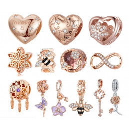 Charm pour bracelet collection doré rose fleur coeur