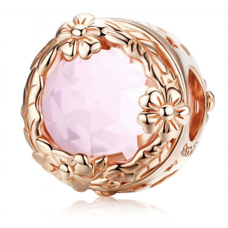 Charm pour bracelet or pierre rose couronne de fleurs
