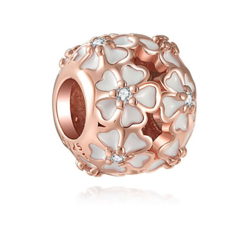 Charm pour bracelet or rose fleur blanche