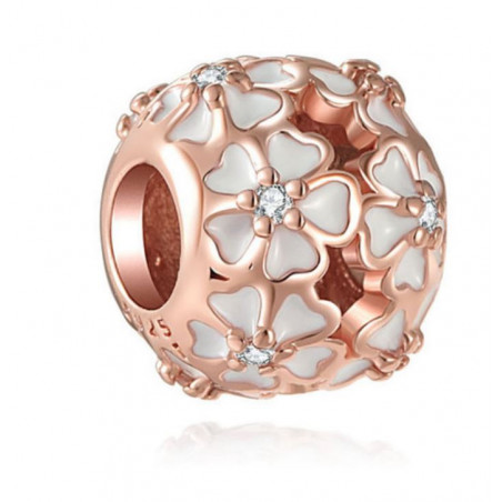 Charm pour bracelet or rose fleur blanche