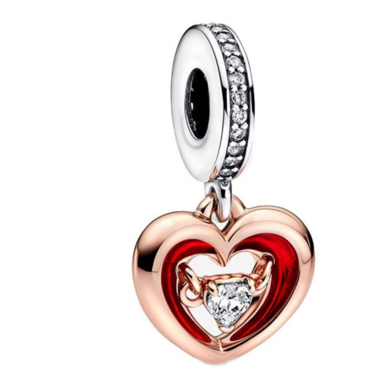Charm pour bracelet double coeur or rose rouge et pierre