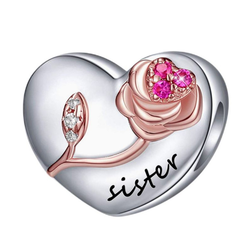 Charm pour bracelet coeur fleur or rose soeur