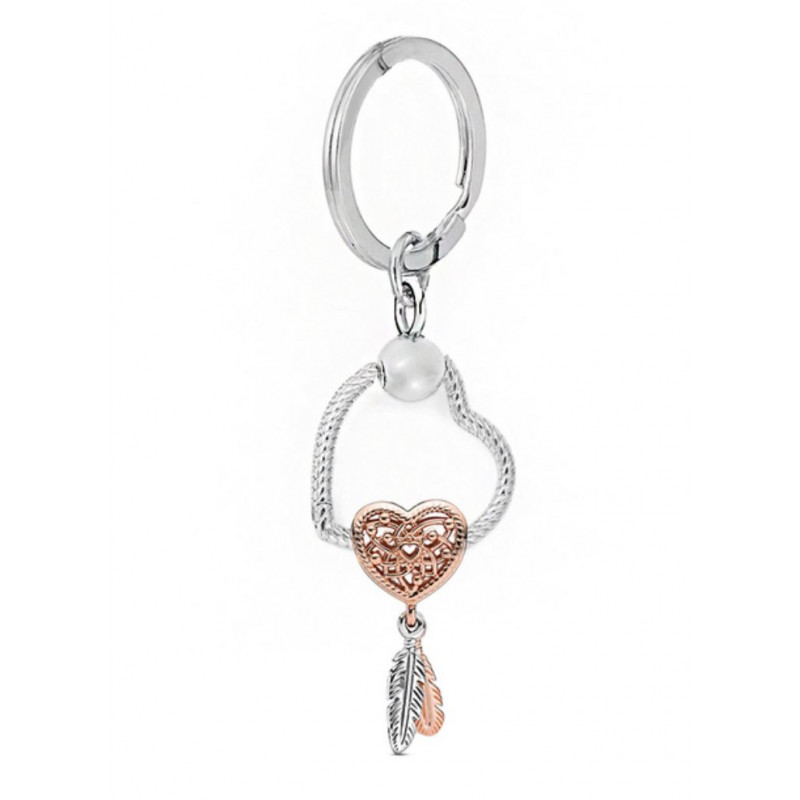 Porte clés avec bijoux charm coeur argent or rose plume