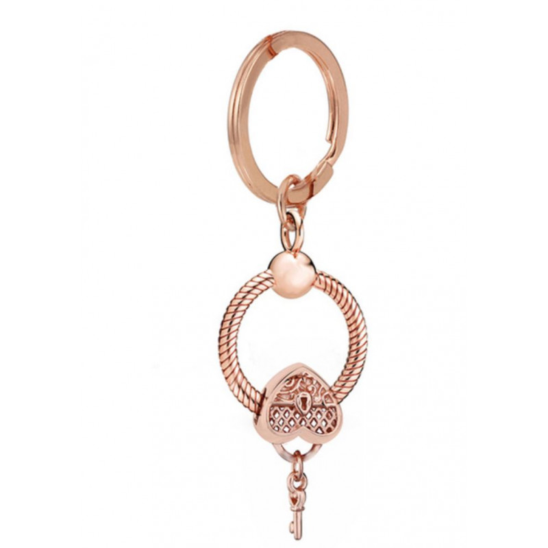 Porte clés avec bijoux charm or rose cadenas coeur clef