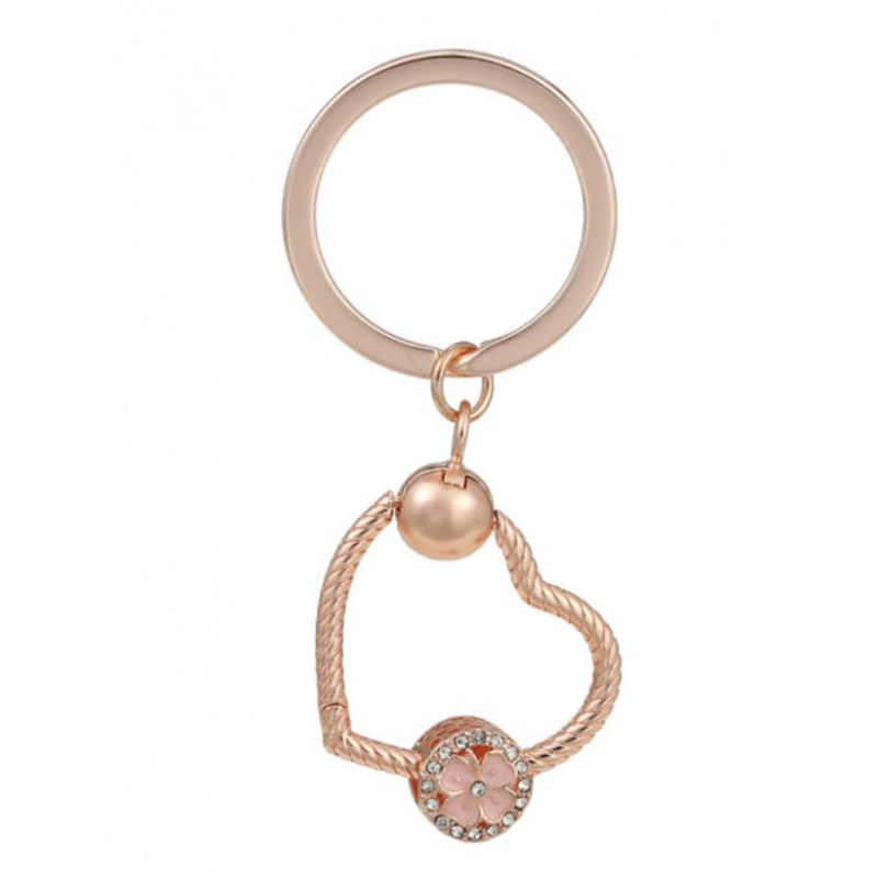 Porte clés avec bijoux charm coeur or rose fleur strass