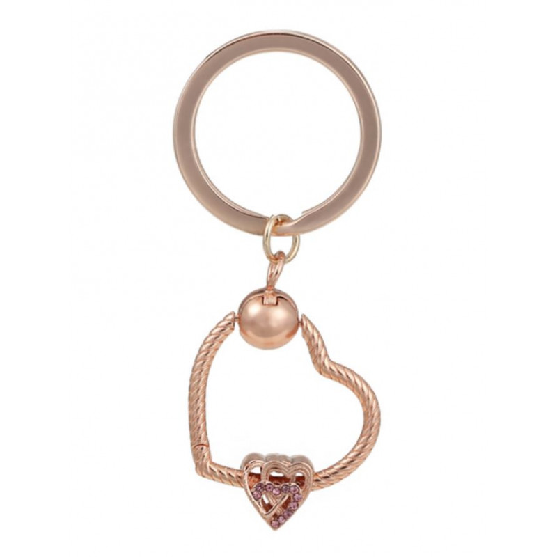 Porte clés avec bijoux charm coeur or rose double coeur pierre rose