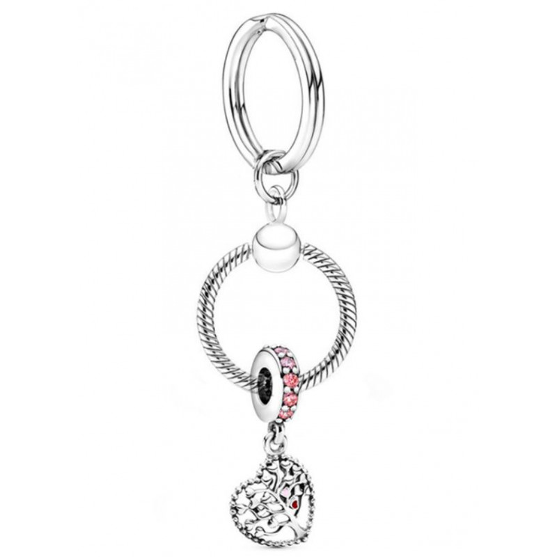 Porte clés avec bijoux charm argent coeur arbre strass rose