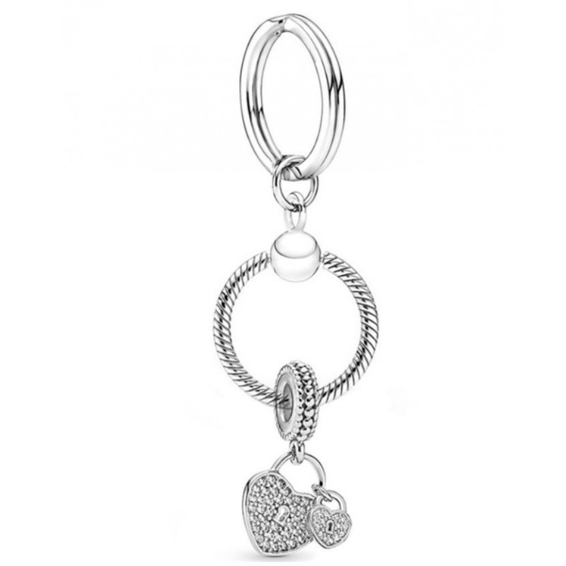 Porte clés avec bijoux charm argent double coeur strass