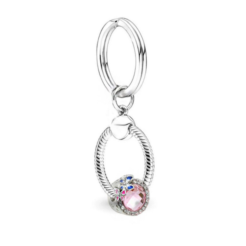 Porte clés avec bijoux charm argent pierre rose papillon