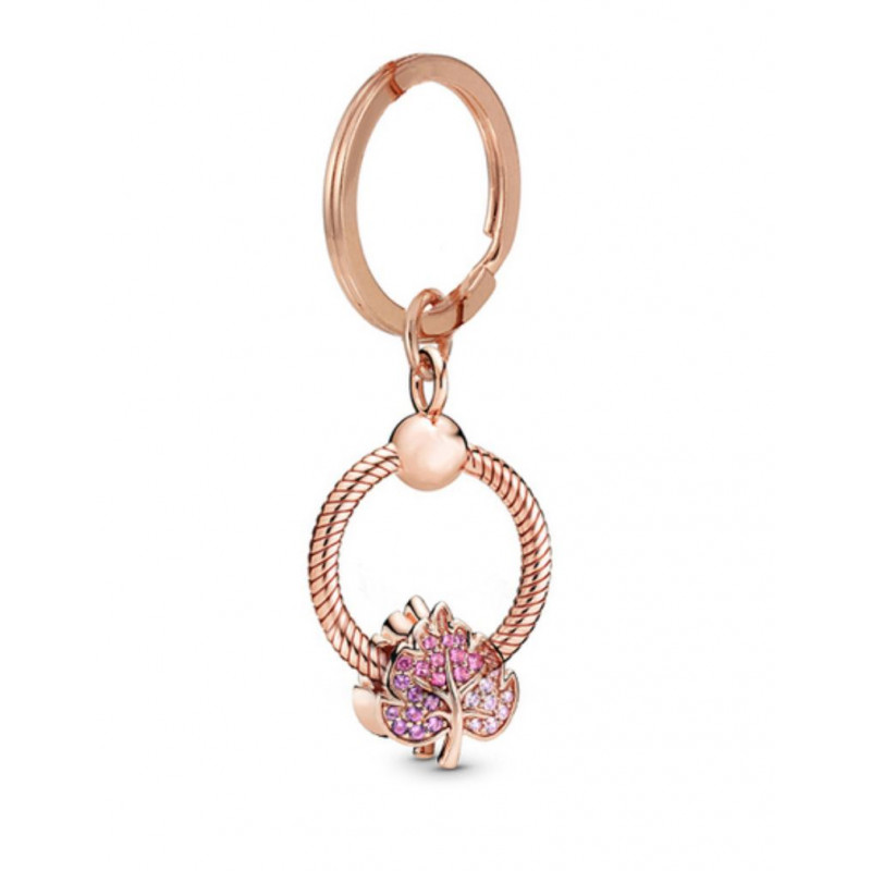 Porte clés avec bijoux charm or rose feuille strass rose