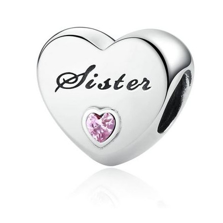 Charm pour bracelet coeur soeur sister pierre rose
