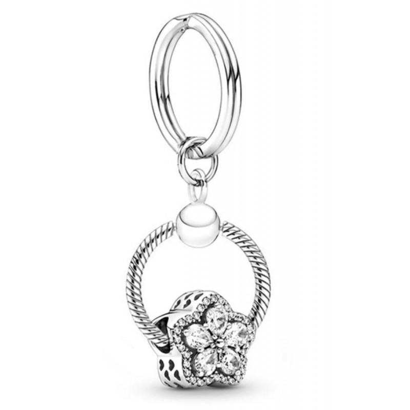 Porte clés avec bijoux charm argent fleur strass blanc