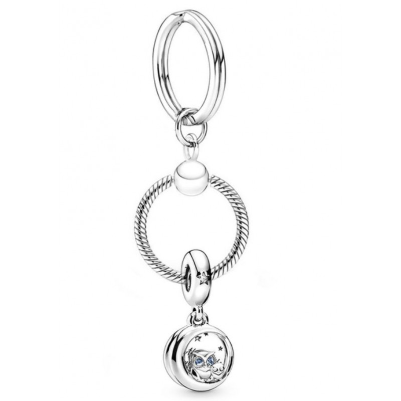 Porte clés avec bijoux charm argent lune chouette étoile